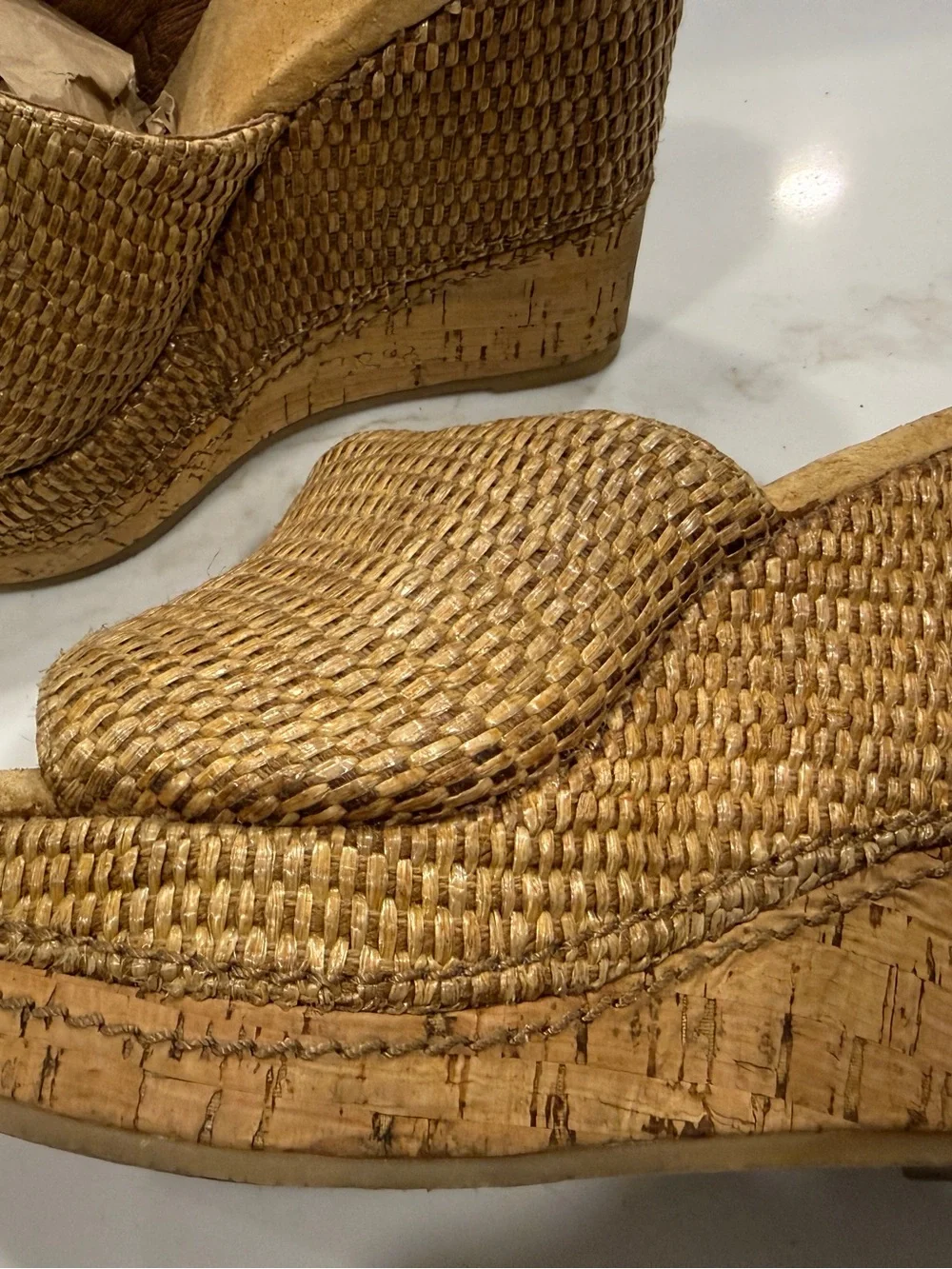 Woven Raffia Tan Platform Wedge Slide - size 8 Women's